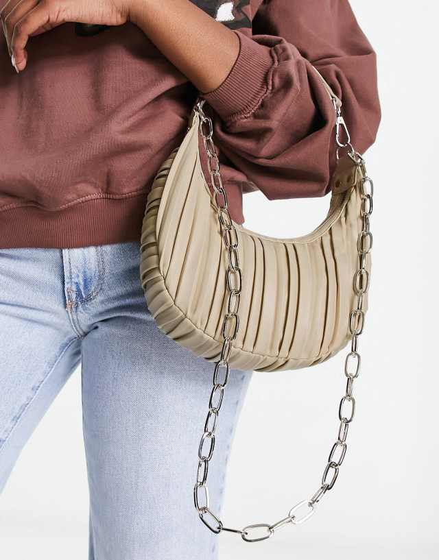 ASOS DESIGN pleated shoulder bag with chain detailing in stone