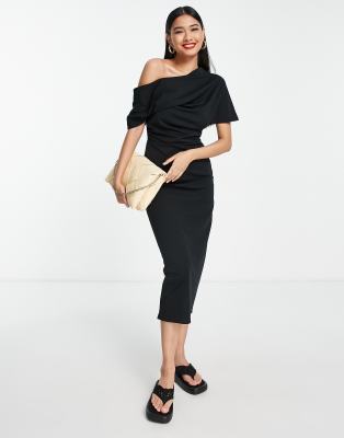 asos design fallen shoulder midi pencil dress Rent ASOS DESIGN Plisse Fallen Shoulder Midi Dress In Rust main image 1