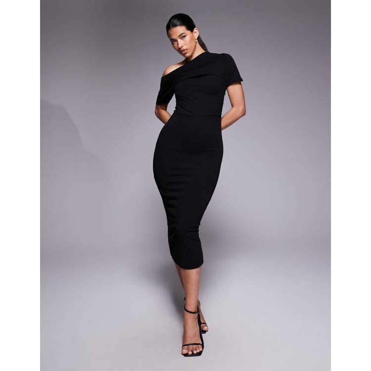 asos design pu drape shoulder midi pencil dress ASOS DESIGN drape cut out shoulder pencil midi dress in red scuba-style  fabric