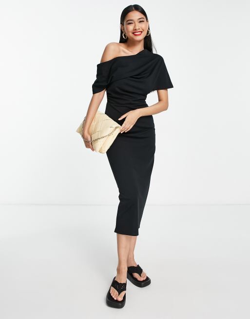 ASOS DESIGN pleated shoulder midi pencil dress in black