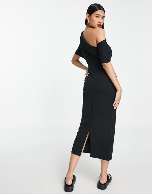 Asos design pu drape shoulder midi pencil dress hotsell