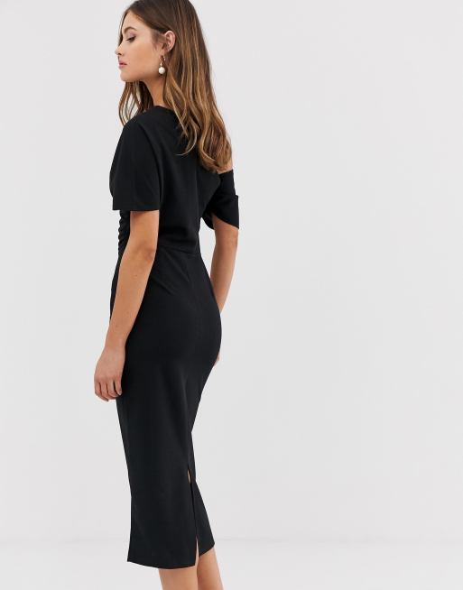 asos design pleated shoulder pencil dress in black ASOS DESIGN pleated shoulder pencil dress in black