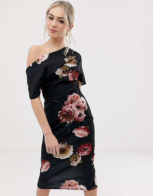 ASOS DESIGN pleated shoulder pencil dress in smokey floral
