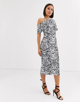 ASOS DESIGN pleated shoulder pencil dress in zebra print-Multi