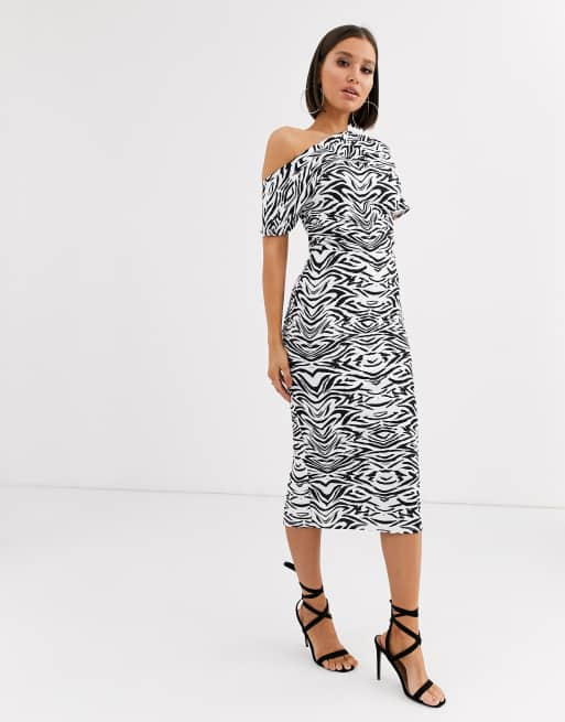 ASOS DESIGN pleated shoulder pencil dress in zebra print | ASOS