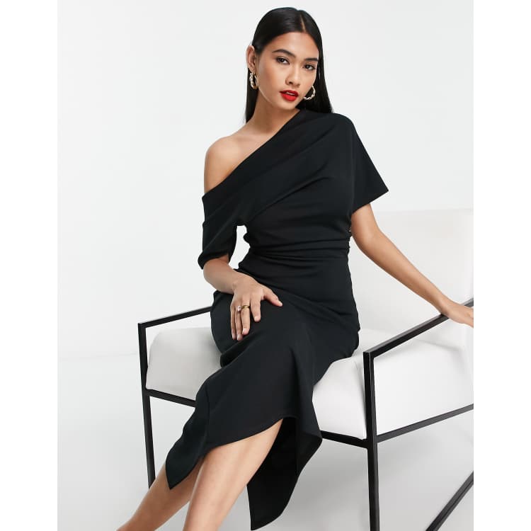 Asos design pu drape shoulder midi pencil sales dress
