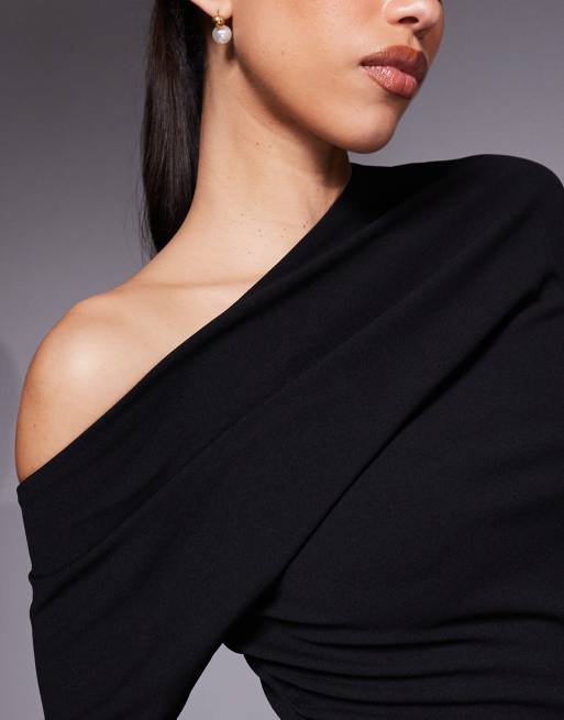 ASOS DESIGN pleated shoulder midi pencil dress in black