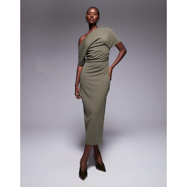 asos design pu drape shoulder midi pencil dress ASOS DESIGN peekaboo shoulder tuck midi pencil dress in parisian blue