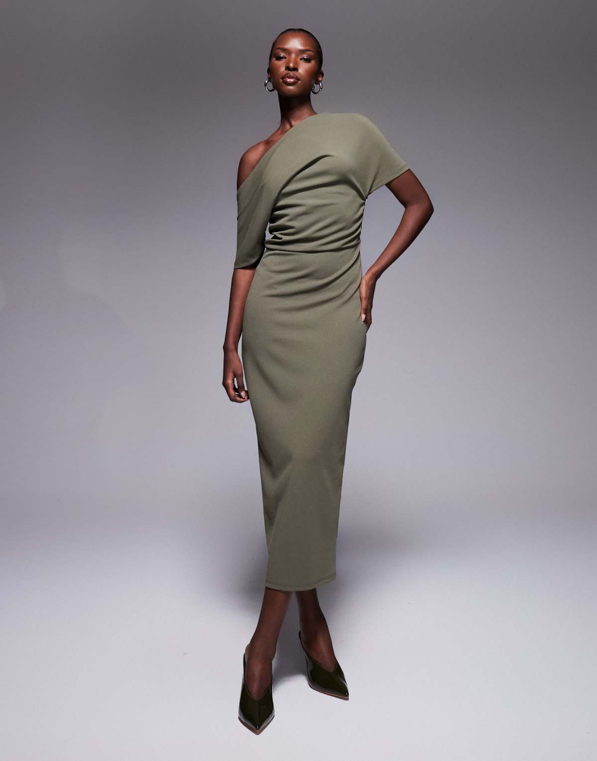 ASOS DESIGN pleated shoulder pencil midi dress in khaki