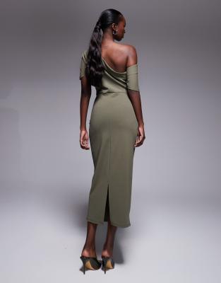 Asos Design Pleated Shoulder Pencil Midi Dress In Green