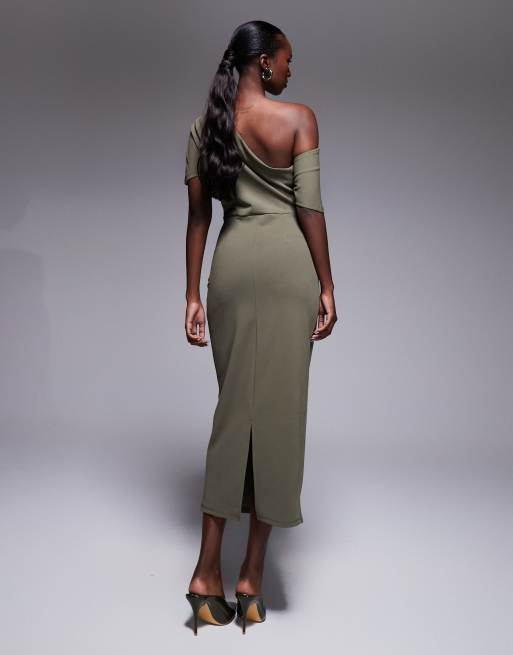 ASOS DESIGN pleated shoulder pencil midi dress in khaki