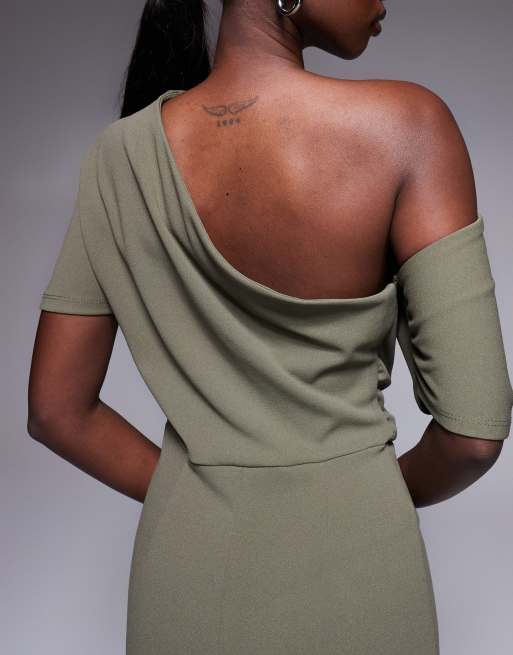 ASOS DESIGN pleated shoulder pencil midi dress in khaki