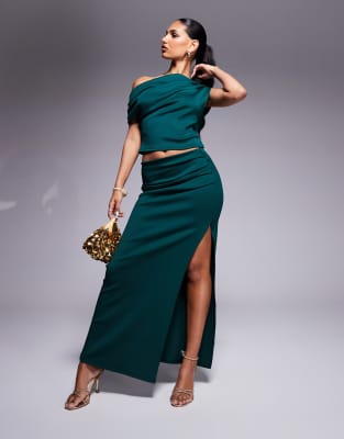 Asos Design Pleated Side Scuba Column Maxi Skirt With Side Split In Green
