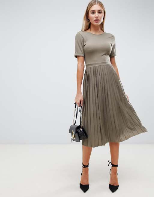 Asos Design Pleated Skirt Midi Dress In Khaki Asos 