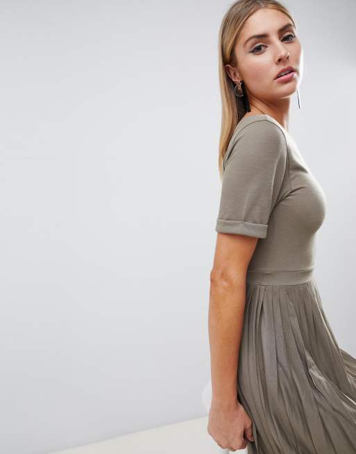 ASOS DESIGN pleated skirt midi dress in khaki