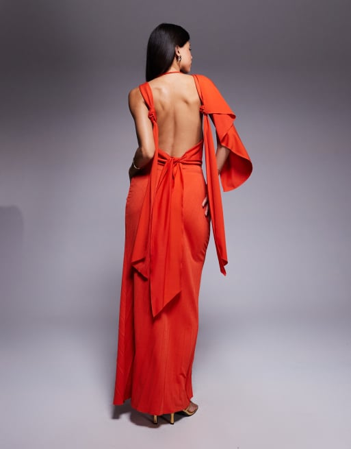 ASOS DESIGN pleated slash neck maxi dress with knotted back detail in red, 3 of 4