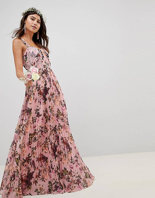 ASOS DESIGN Pleated Sleeveless Maxi Dress In Pink Floral Print