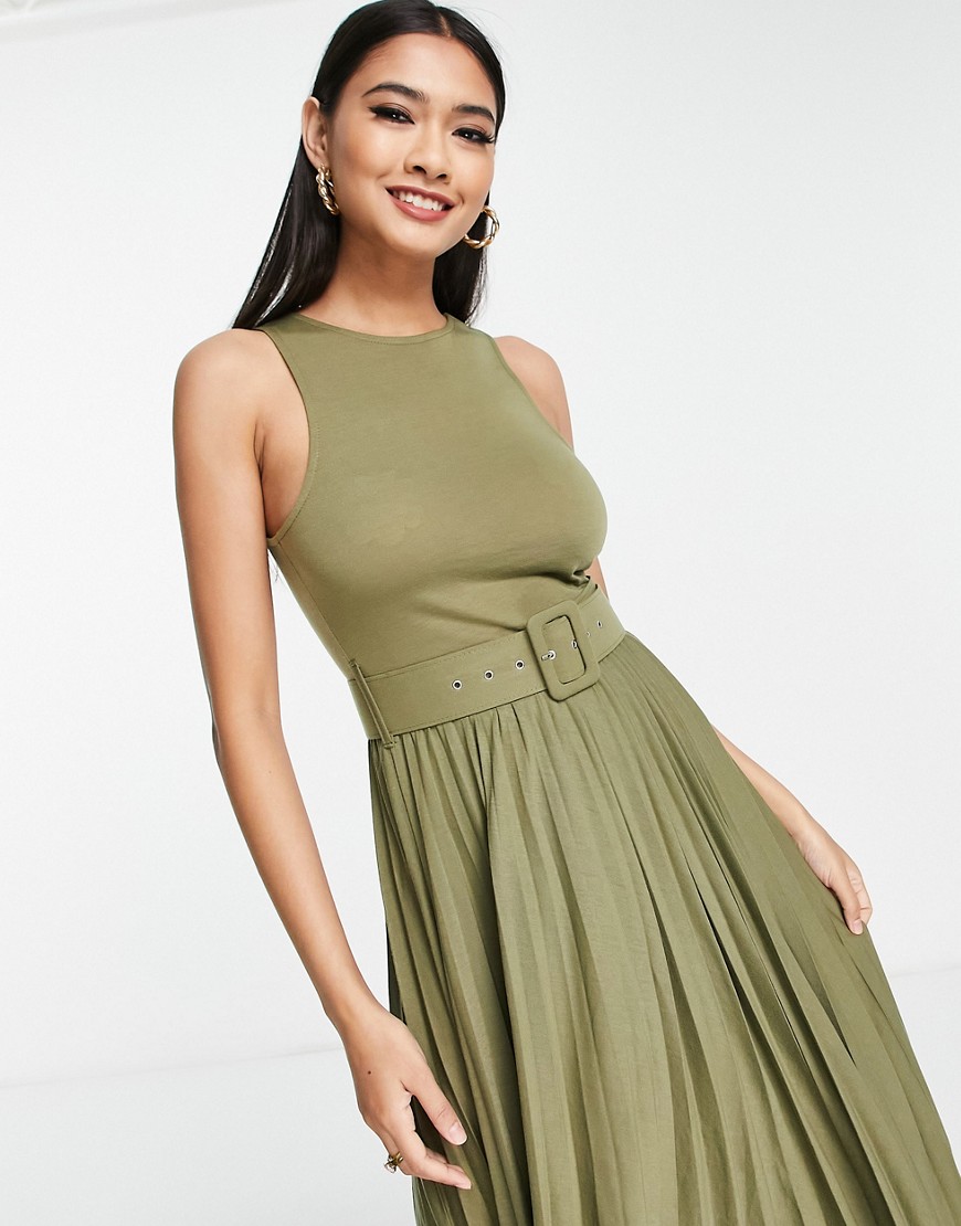 ASOS DESIGN pleated sleeveless midi dress with belt in khaki-Green