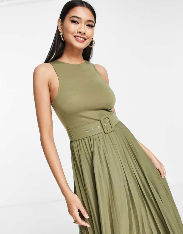 ASOS DESIGN pleated sleeveless midi dress with belt in khaki