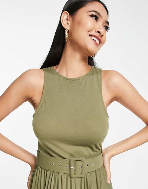 ASOS DESIGN pleated sleeveless midi dress with belt in khaki