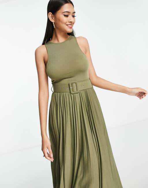 ASOS DESIGN pleated sleeveless midi dress with belt in khaki | ASOS