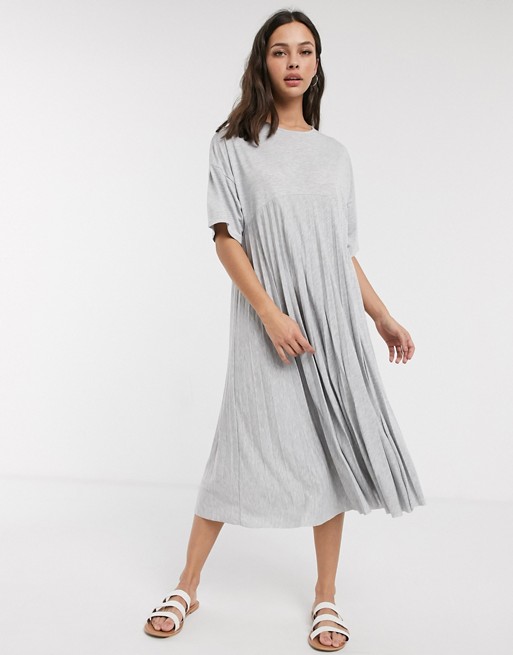 ASOS DESIGN pleated smock midi dress with short sleeves in grey marl