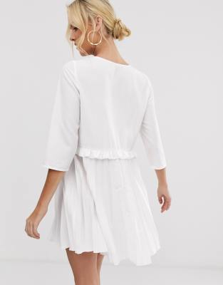 white pleated smock dress