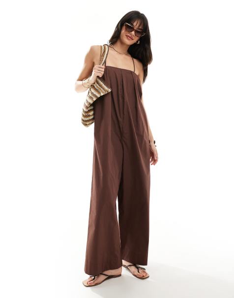 ASOS DESIGN pleated square neck wide leg jumpsuit in chocolate - view 1