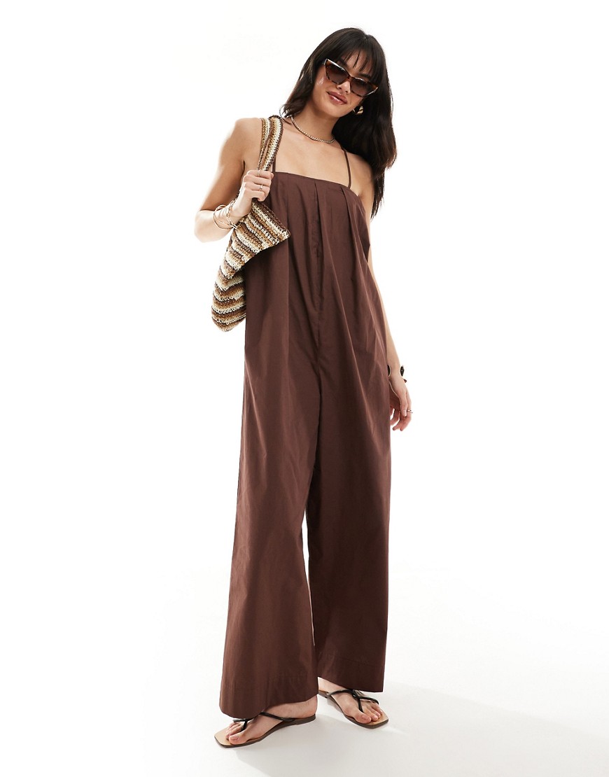 Asos Design Pleated Square Neck Wide Leg Jumpsuit In Chocolate-brown