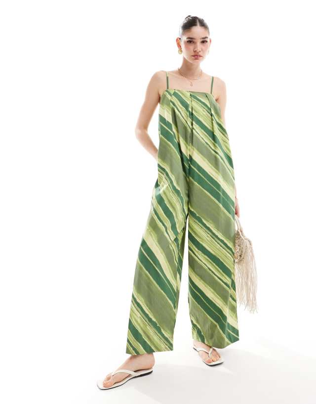 ASOS DESIGN - pleated square neck wide leg jumpsuit in green stripe print