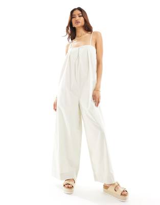 Asos Design Pleated Square Neck Wide Leg Jumpsuit In Stone-neutral In Neutral