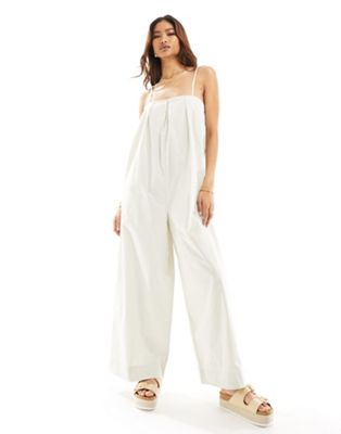 Asos Design Pleated Square Neck Wide Leg Jumpsuit In Stone-neutral