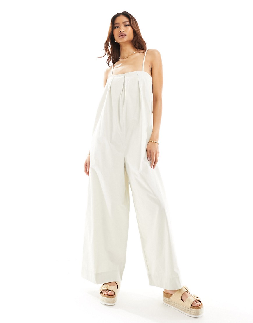 Asos Design Pleated Square Neck Wide Leg Jumpsuit In Stone-neutral