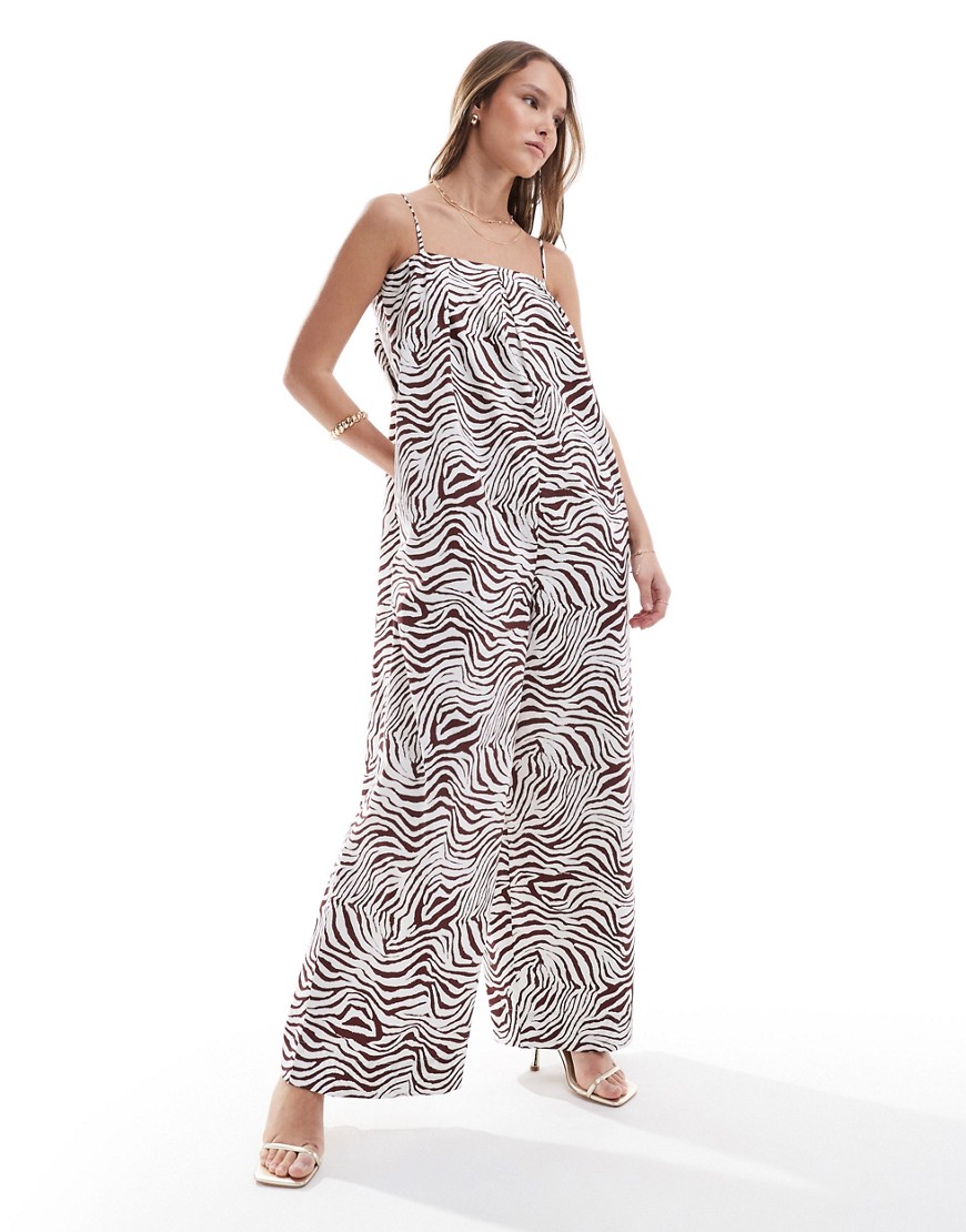 ASOS DESIGN pleated square neck wide leg jumpsuit in zebra print-Multi