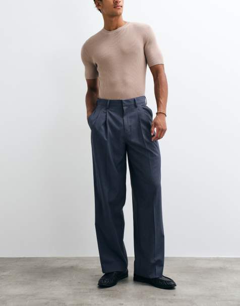 ASOS DESIGN pleated tailored wide leg trousers in blue denim look