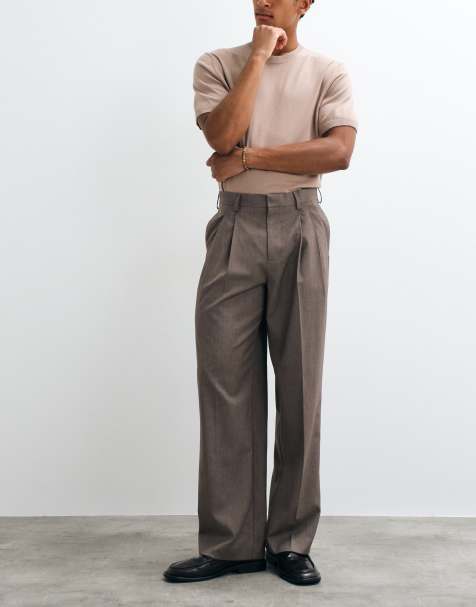 ASOS DESIGN pleated tailored wide leg trousers with wool in dark stone denim look - view 1