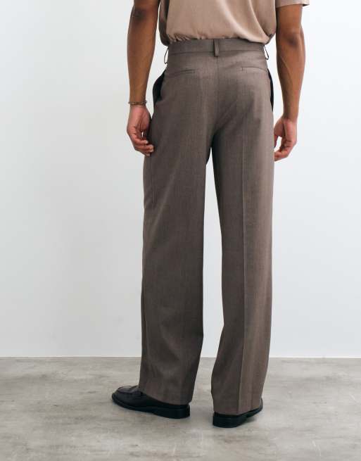 ASOS DESIGN pleated tailored wide leg trousers with wool in dark stone denim look, 4 of 5