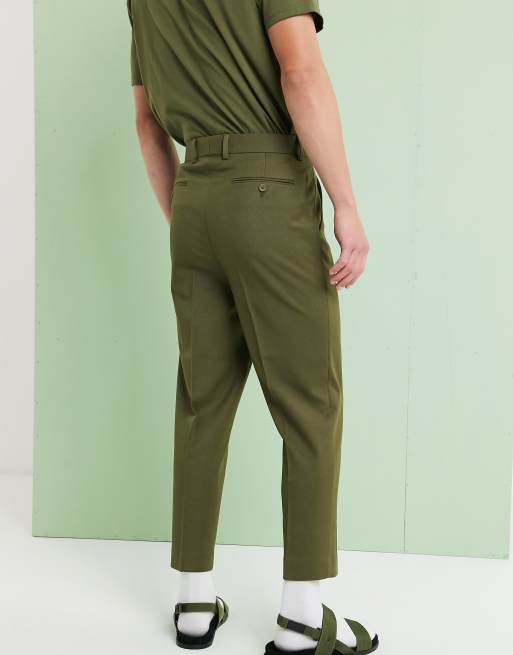 ASOS DESIGN pleated tapered crop smart pants in olive green