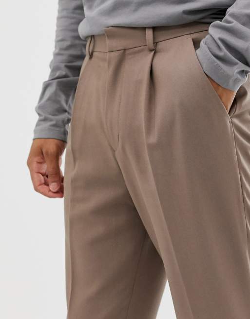 ASOS DESIGN pleated tapered crop smart trousers in mushroom, 3 of 4