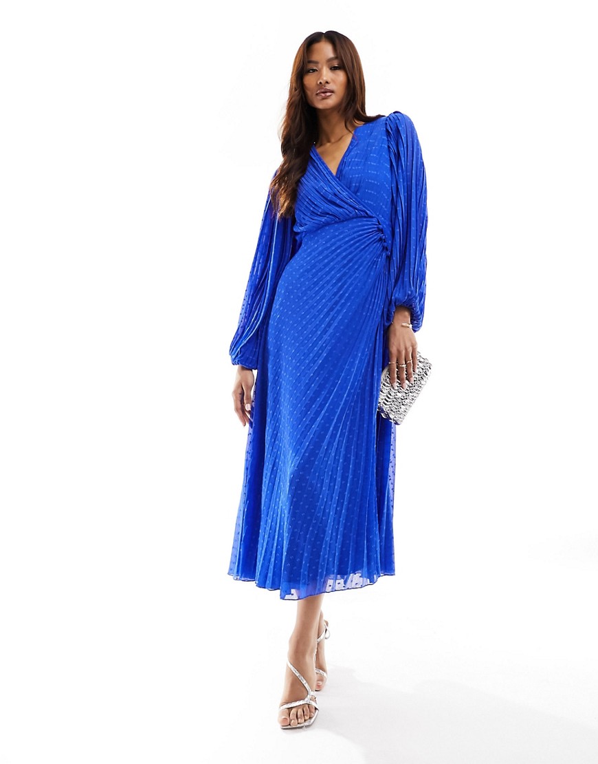 Asos Design Pleated Textured Chiffon Wrap Button Detail Maxi Dress In Cobalt-blue