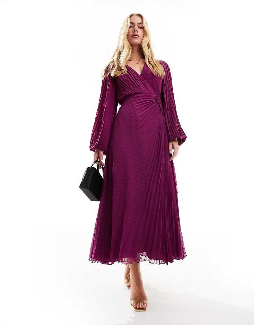 Asos Design Pleated Textured Chiffon Wrap Button Detail Maxi Dress In Magenta Purple
