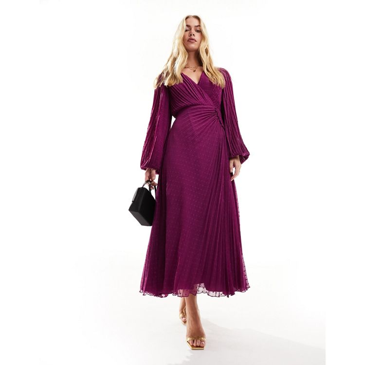 ASOS DESIGN pleated textured chiffon wrap button detail maxi dress in  magenta purple