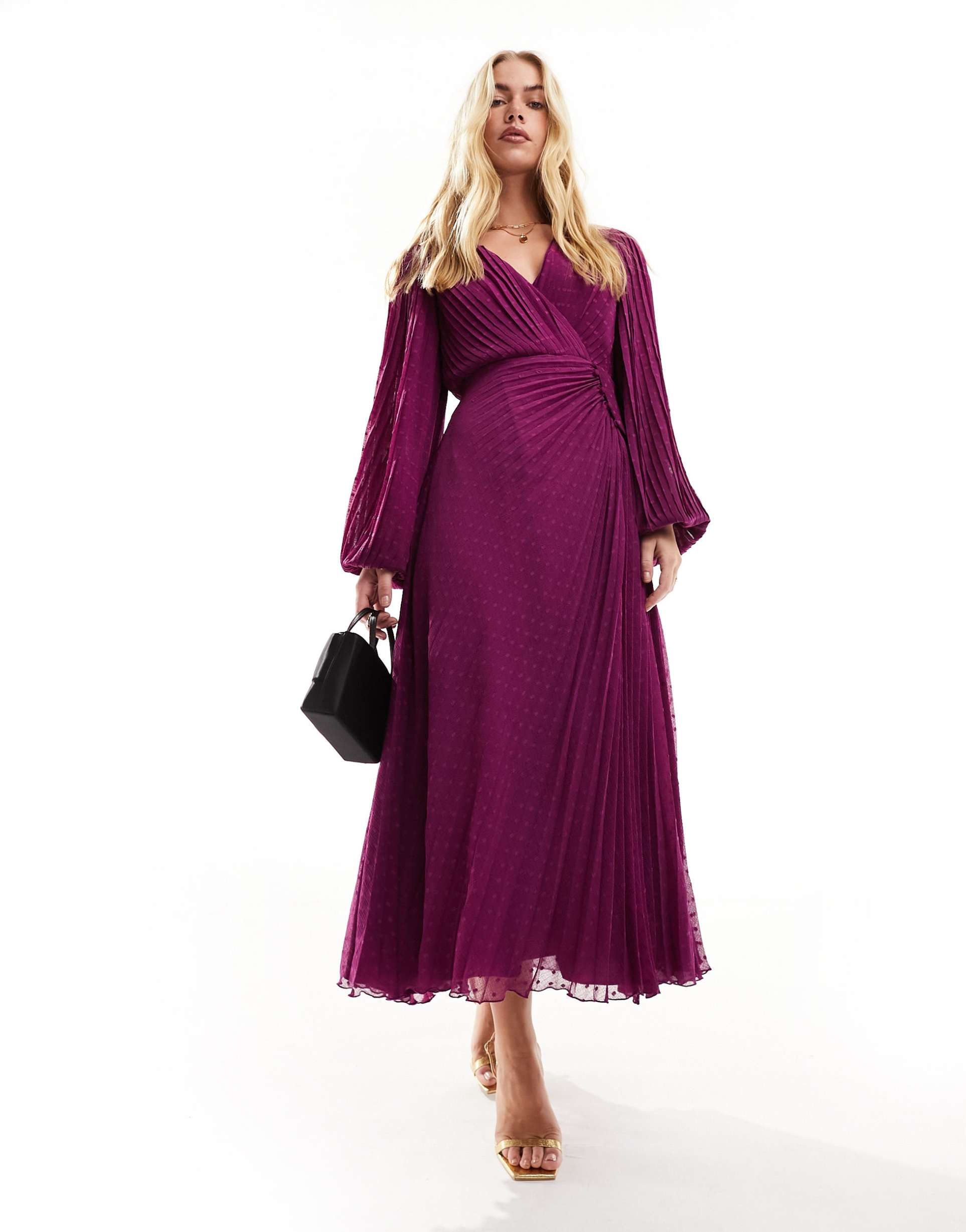 asos design pleated textured chiffon wrap button detail maxi dress in magenta purple