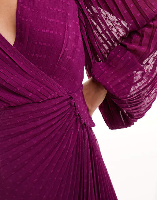 ASOS DESIGN pleated textured chiffon wrap button detail maxi dress in  magenta purple