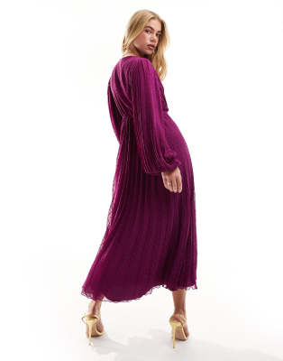 ASOS DESIGN pleated textured chiffon wrap button detail maxi dress in  magenta purple