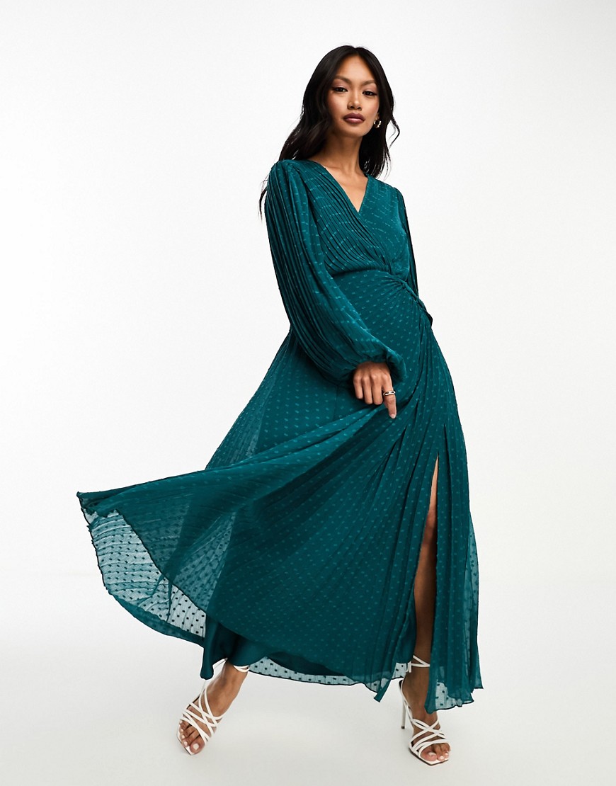 Asos Design Pleated Textured Chiffon Wrap Button Detail Maxi Dress In Pine Green