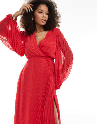 asos design pleated textured chiffon wrap button detail maxi dress in red