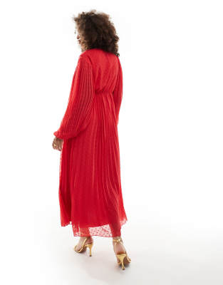 asos design pleated textured chiffon wrap button detail maxi dress in red