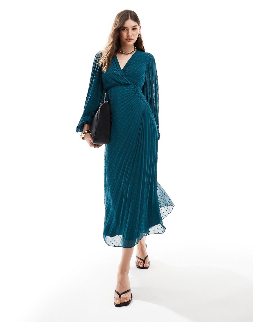 Asos Design Pleated Textured Chiffon Wrap Button Detail Maxi Dress In Teal Green In Blue
