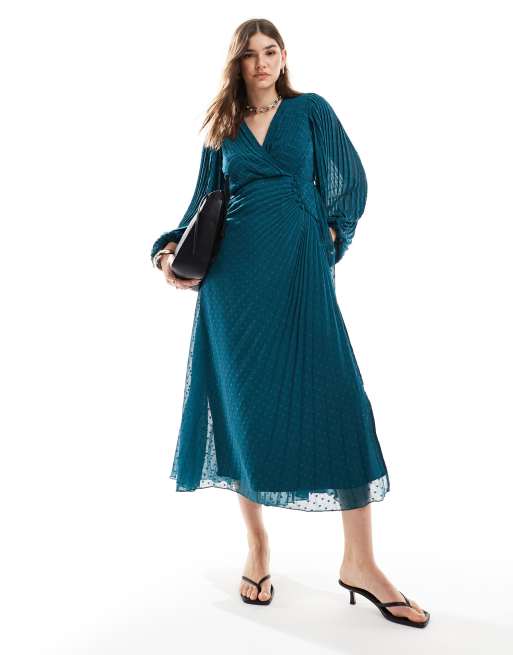 ASOS DESIGN pleated textured chiffon wrap button detail maxi dress in teal green, 3 of 4